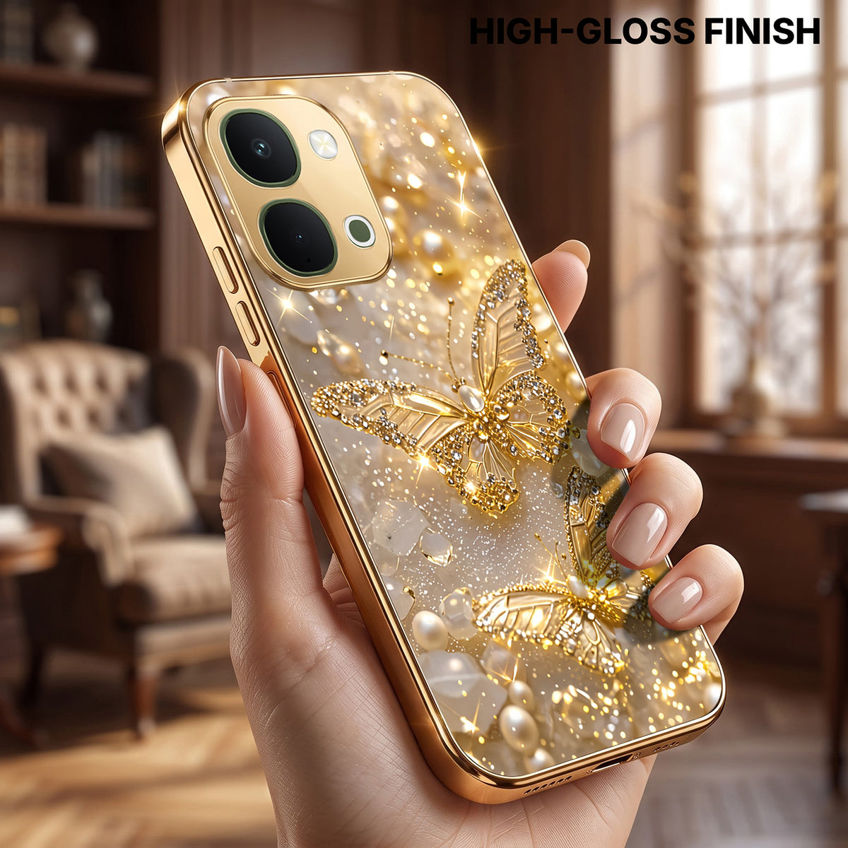 Vivo T5x 5G Golden Butterfly Gold Electroplated Glass Phone Back Case