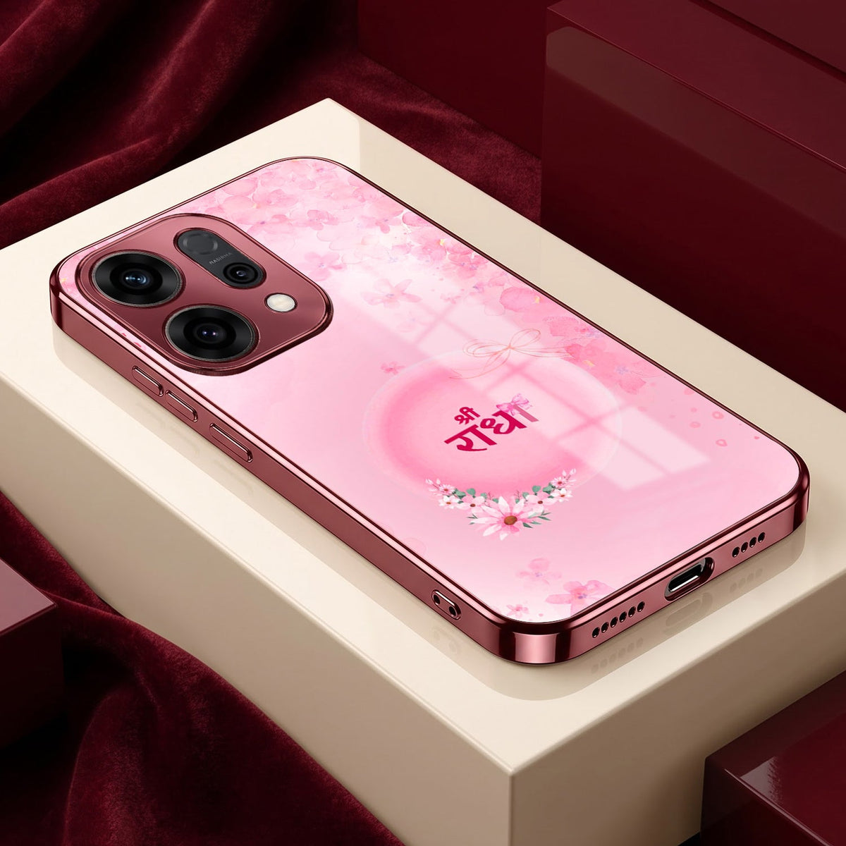Oppo Reno 14 5G Luxury Shree Radha Pink Electroplated Glass Phone Back Case