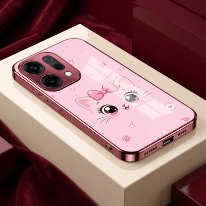 Oppo Reno 14 5G Luxury Cute Cat Pink Electroplated Glass Phone Back Case