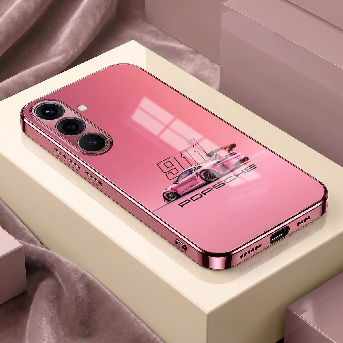 Samsung Galaxy A56 5G Luxury Porsche 911 Pink Electroplated Glass Phone Back Case