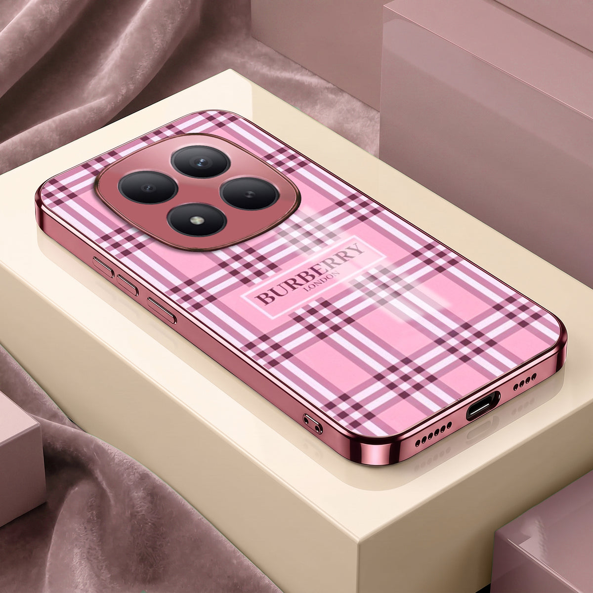 Redmi Note 15 Pro+ 5G Burberry Classic Pink Electroplated Glass Phone Back Case