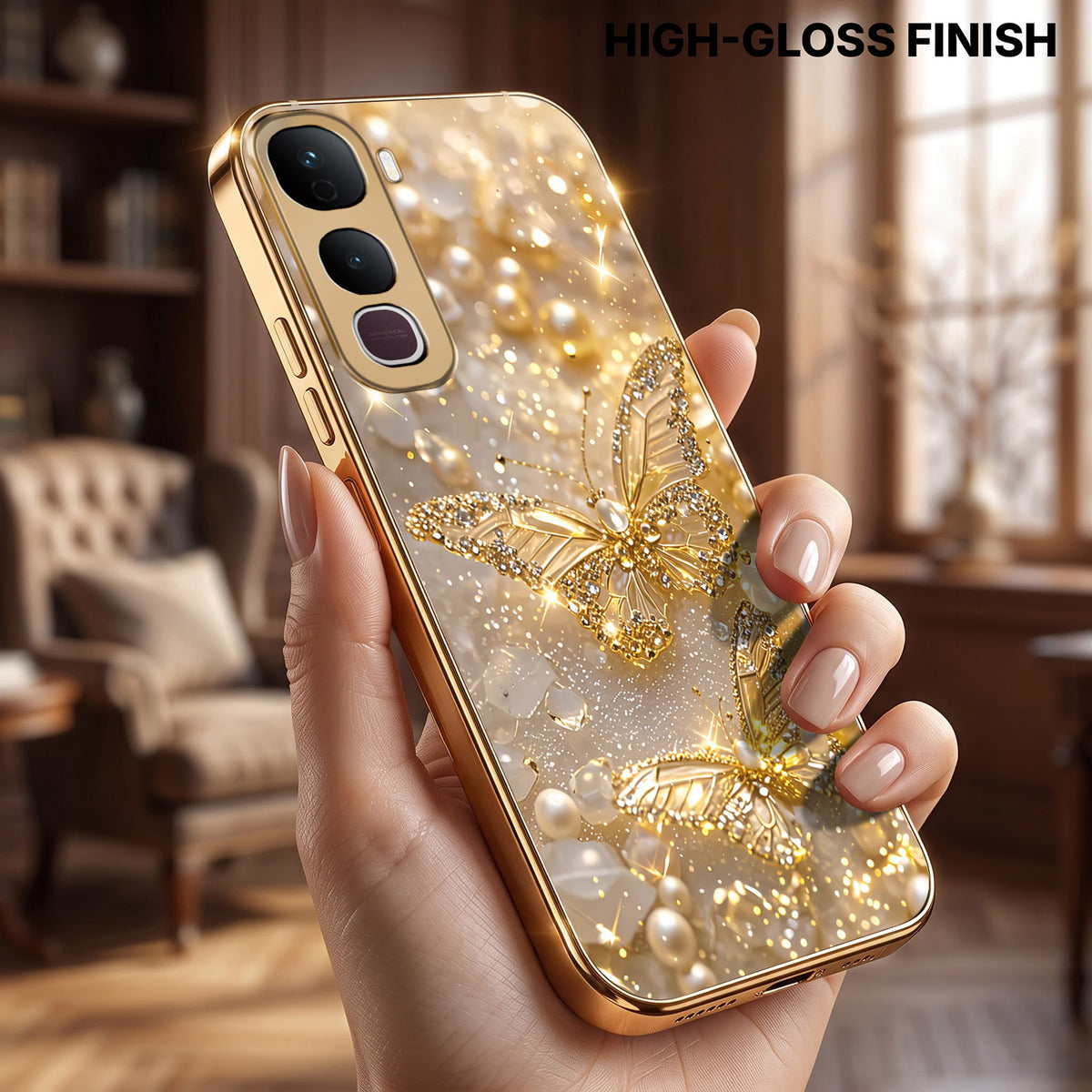 Vivo Y400 Pro 5G Golden Butterfly Gold Electroplated Glass Phone Back Case