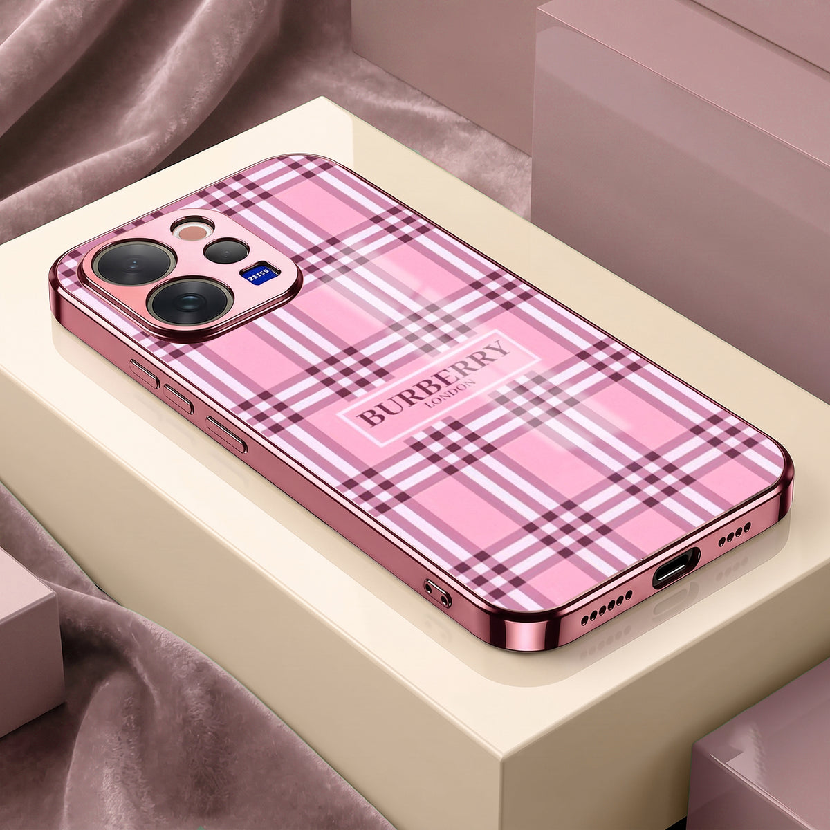 Vivo V70 5G Burberry Classic Pink Electroplated Glass Phone Back Case