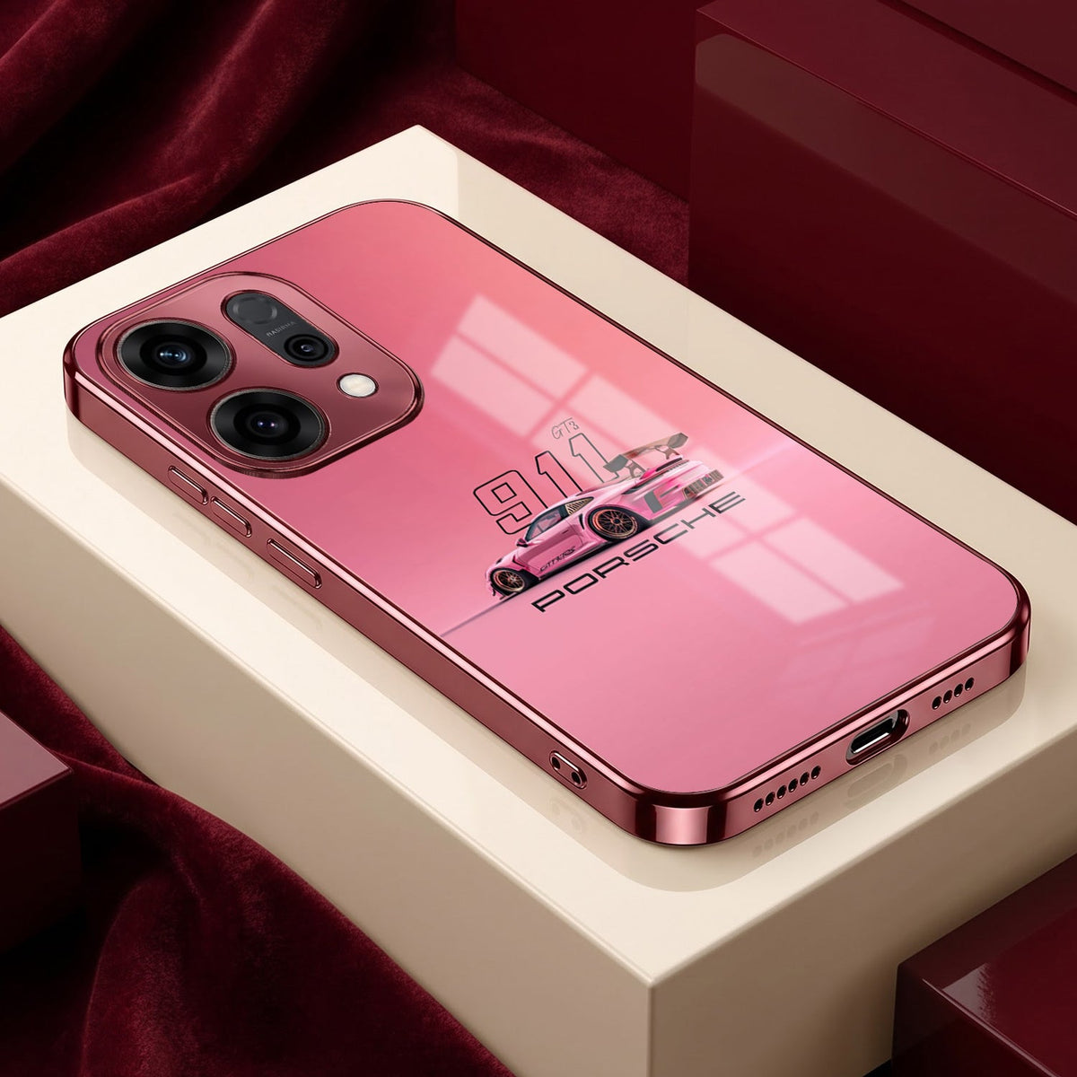 Oppo Reno 14 5G Luxury Porsche 911 Pink Electroplated Glass Phone Back Case