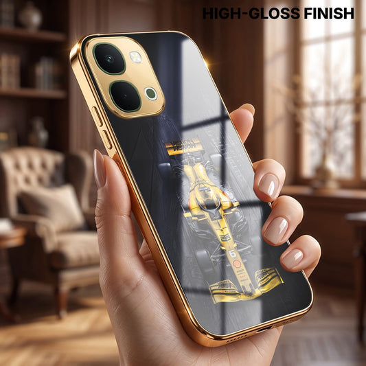 Vivo T5x 5G F1 Racing Car Gold Electroplated Glass Phone Back Case
