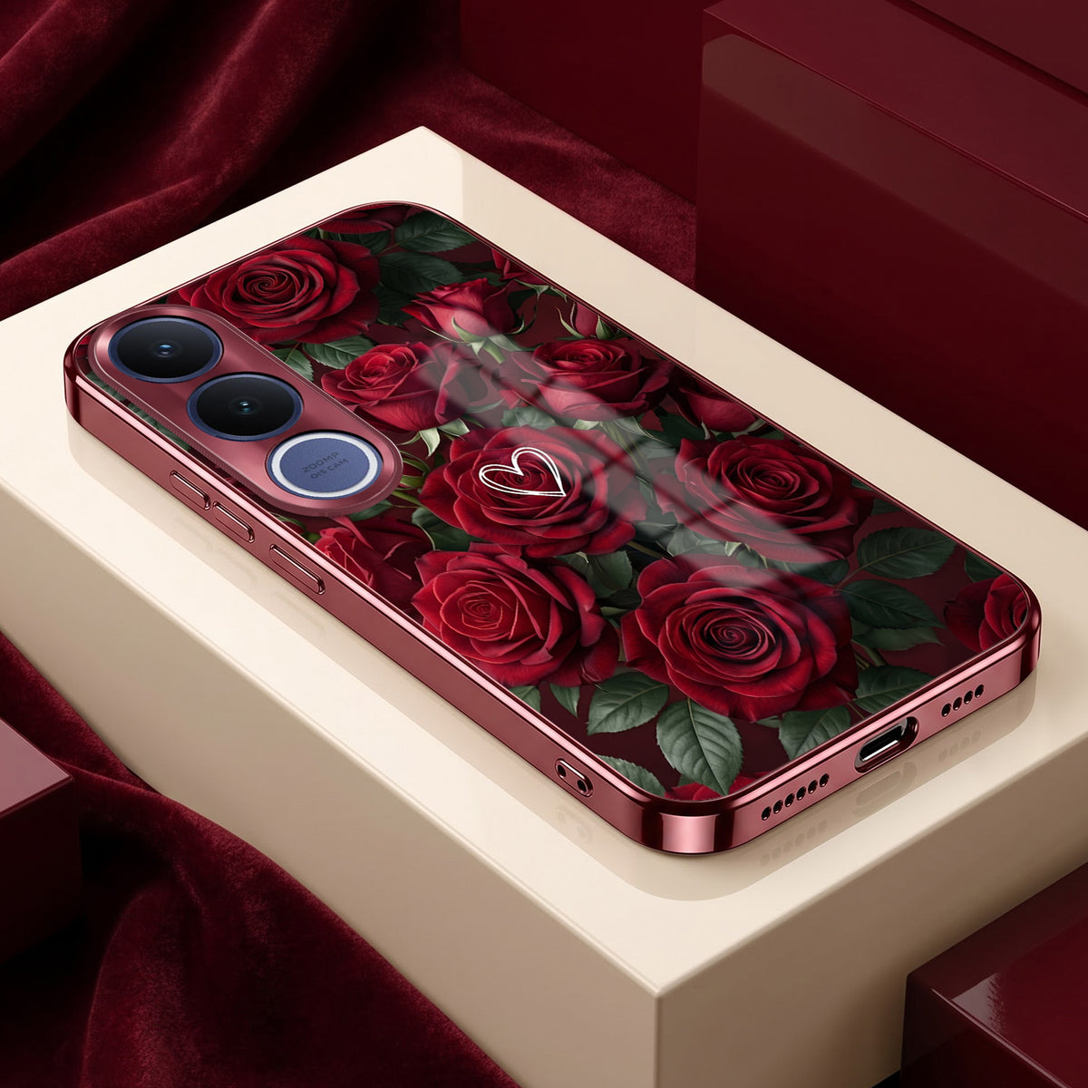 Vivo V70 FE 5G Rose Heart Burgundy Electroplated Glass Back Case