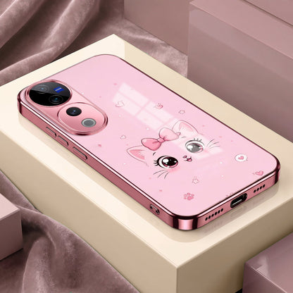 Vivo V40 Pro 5G Luxury Cute Cat Pink Electroplated Glass Phone Back Case