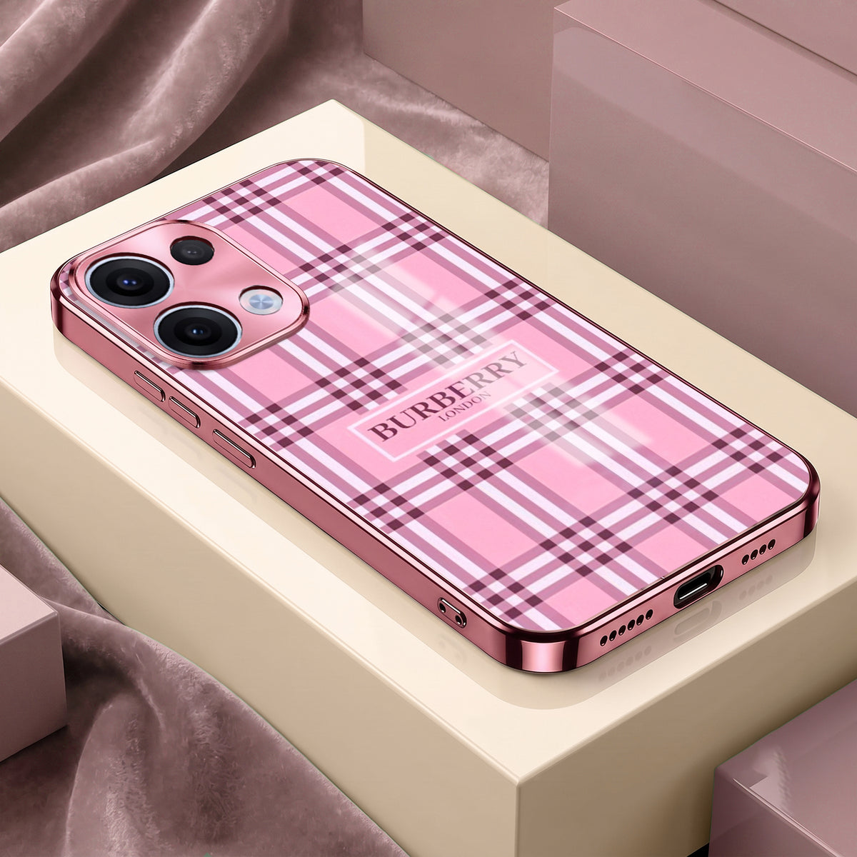 Oppo Reno 13 5G Burberry Classic Pink Electroplated Glass Phone Back Case