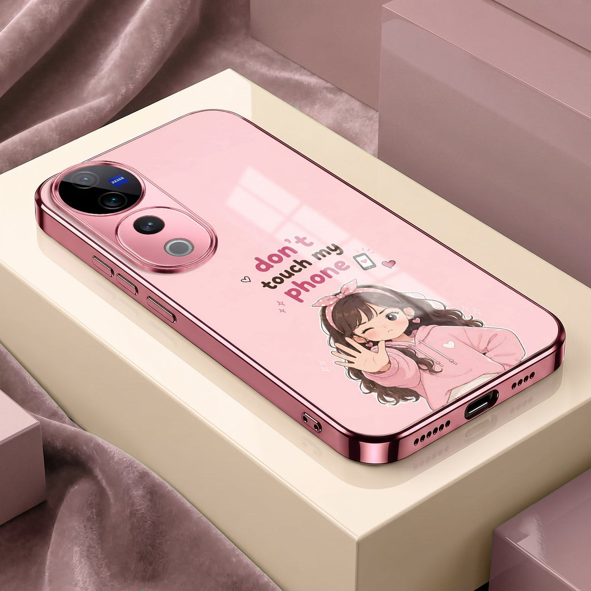Vivo V40 Pro 5G Luxury Anime Girl Pink Electroplated Glass Phone Back Case