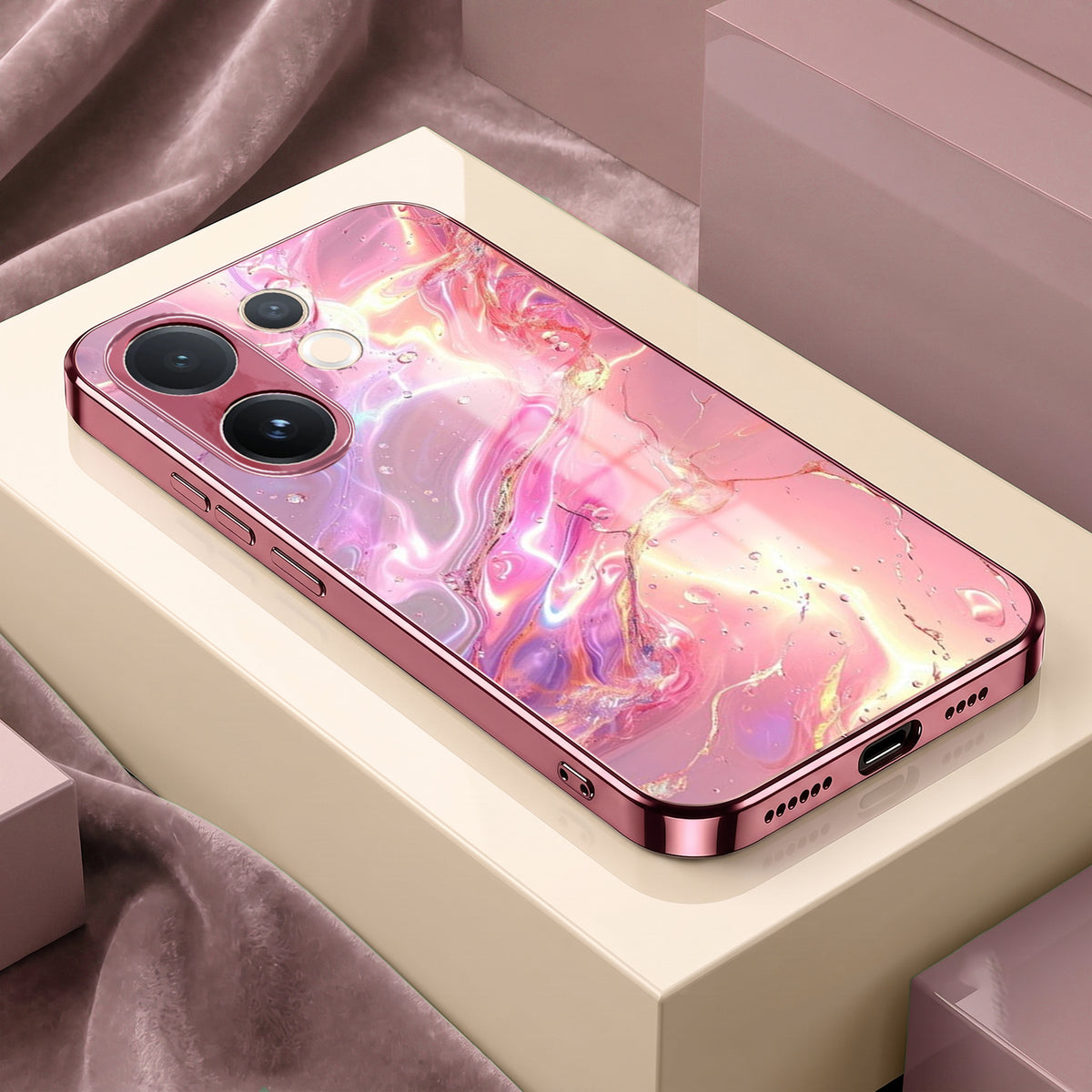 Vivo V60 5G Pearl Aurora Pink Electroplated Glass Phone Back Case