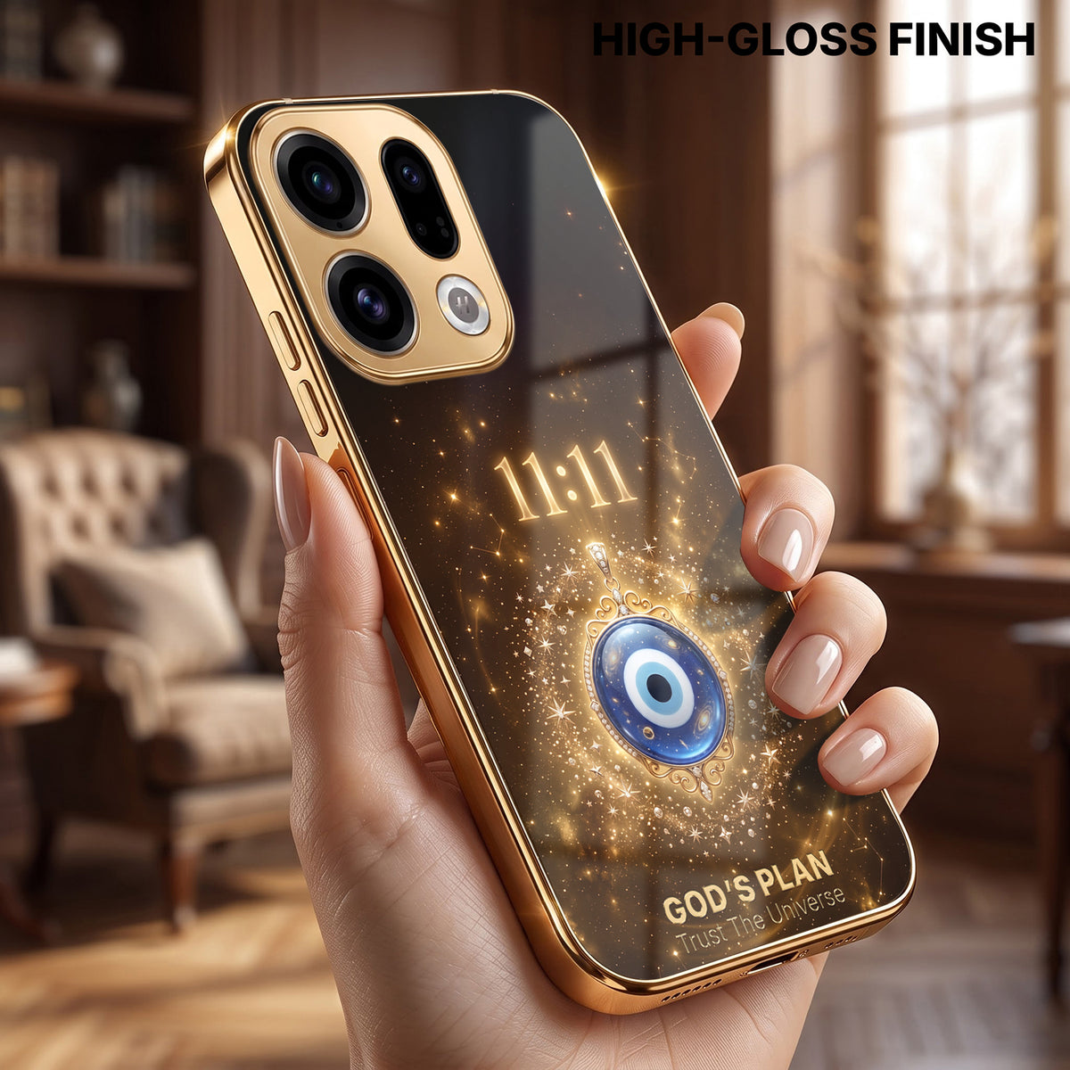 Oppo Find X9 5G God’s Plan Evil Eye Gold Electroplated Glass Phone Back Case