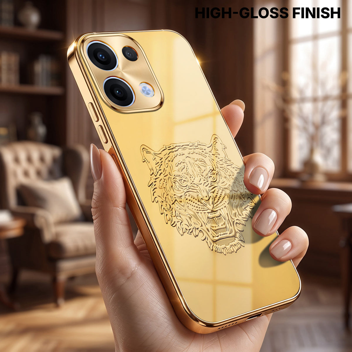 Oppo Reno 13 5G Golden Tiger Face Gold Electroplated Glass Phone Back Case