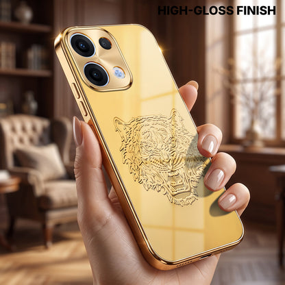 Oppo Reno 13 5G Golden Tiger Face Gold Electroplated Glass Phone Back Case