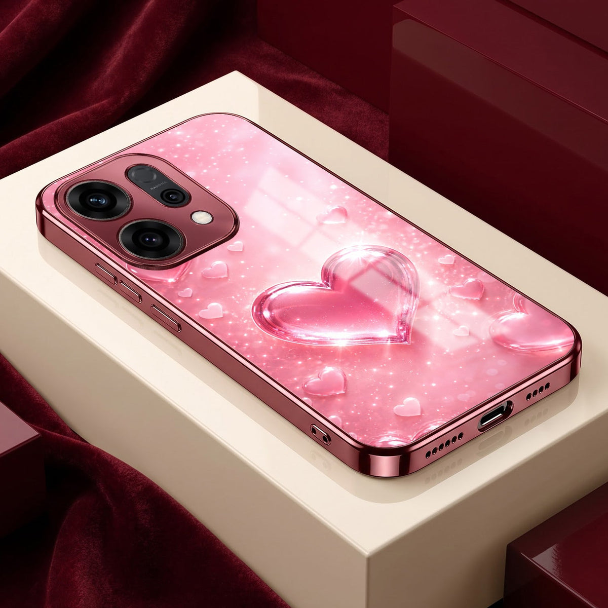 Oppo Reno 14 5G Luxury 3D Jelly Heart Pink Electroplated Glass Phone Back Case
