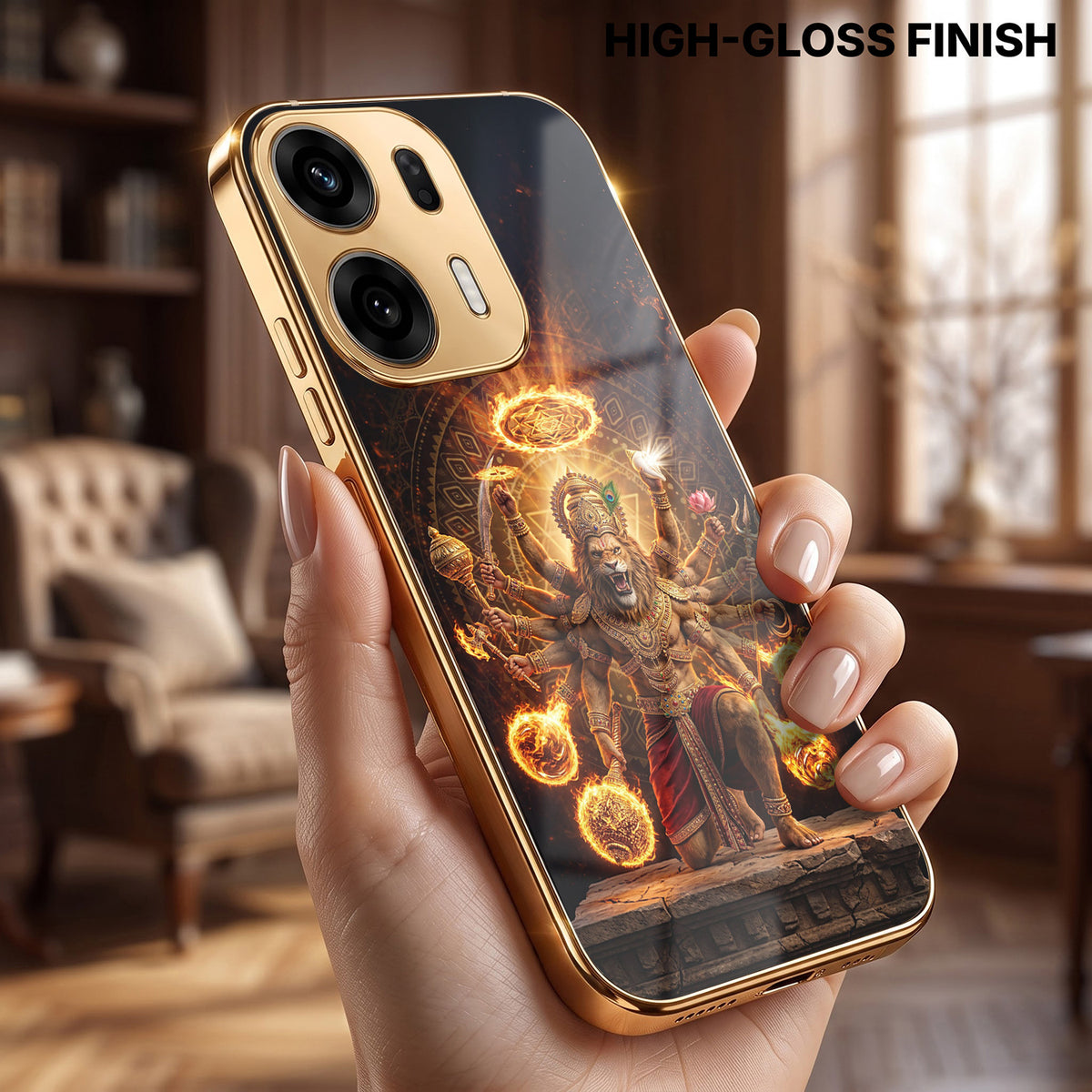 Oppo K14 Plus 5G Lord Narasimha Gold Electroplated Glass Phone Back Case