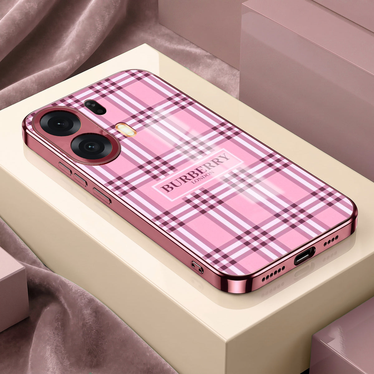 Oppo K14 Plus 5G Burberry Classic Pink Electroplated Glass Phone Back Case