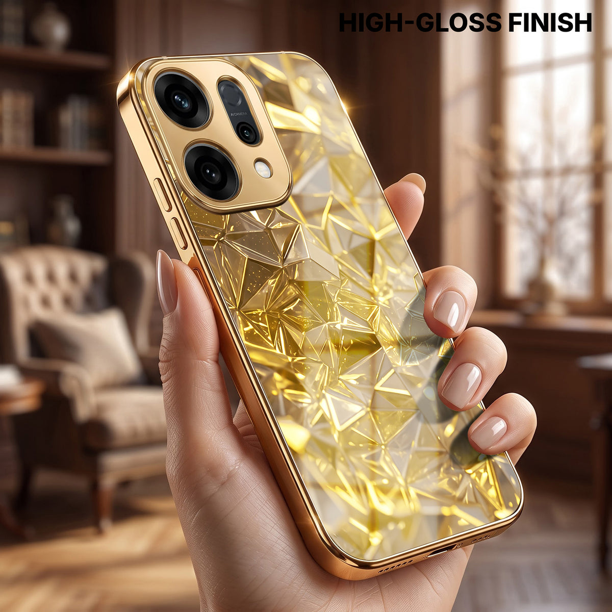 Oppo Reno 14 5G Golden Diamond Shatter Gold Electroplated Glass Phone Back Case