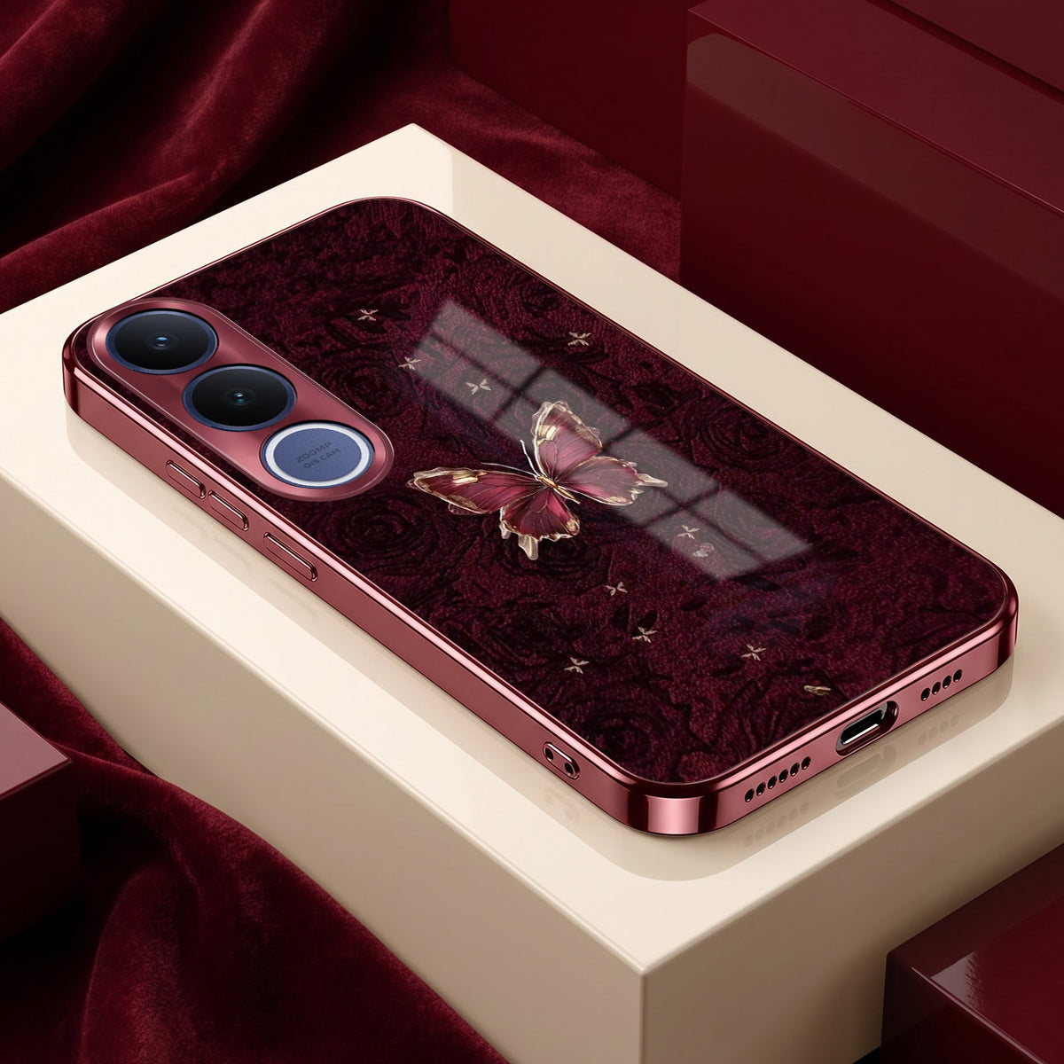 Vivo V70 FE 5G Butterfly Burgundy Electroplated Glass Back Case