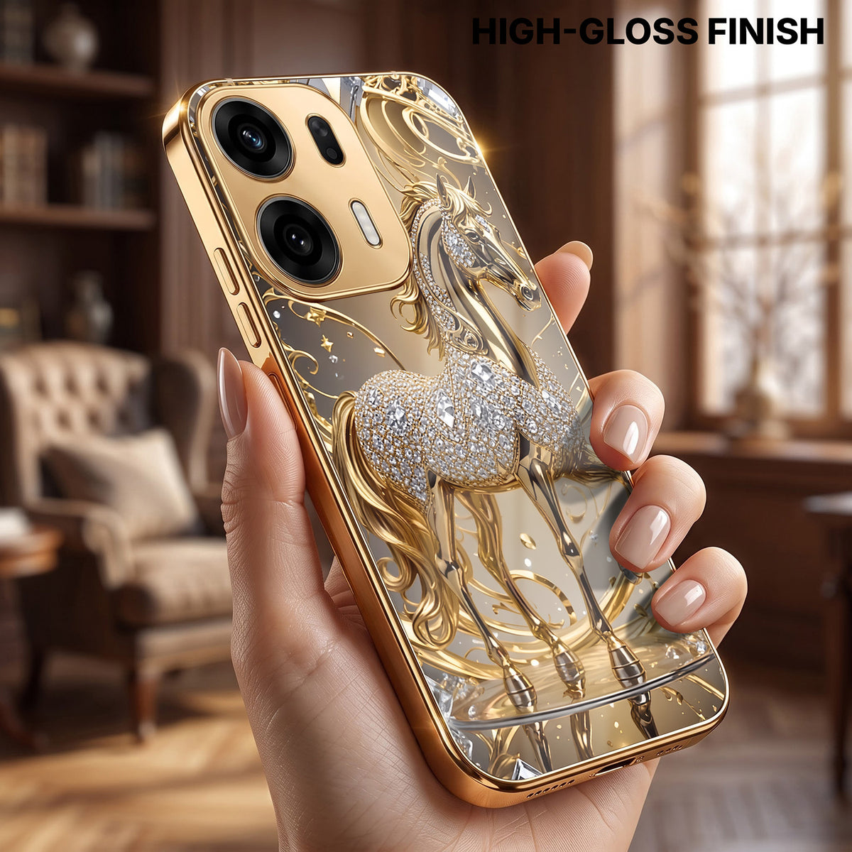 Oppo K14 Plus 5G Luxury Horse Texture Gold Electroplated Glass Phone Back Case