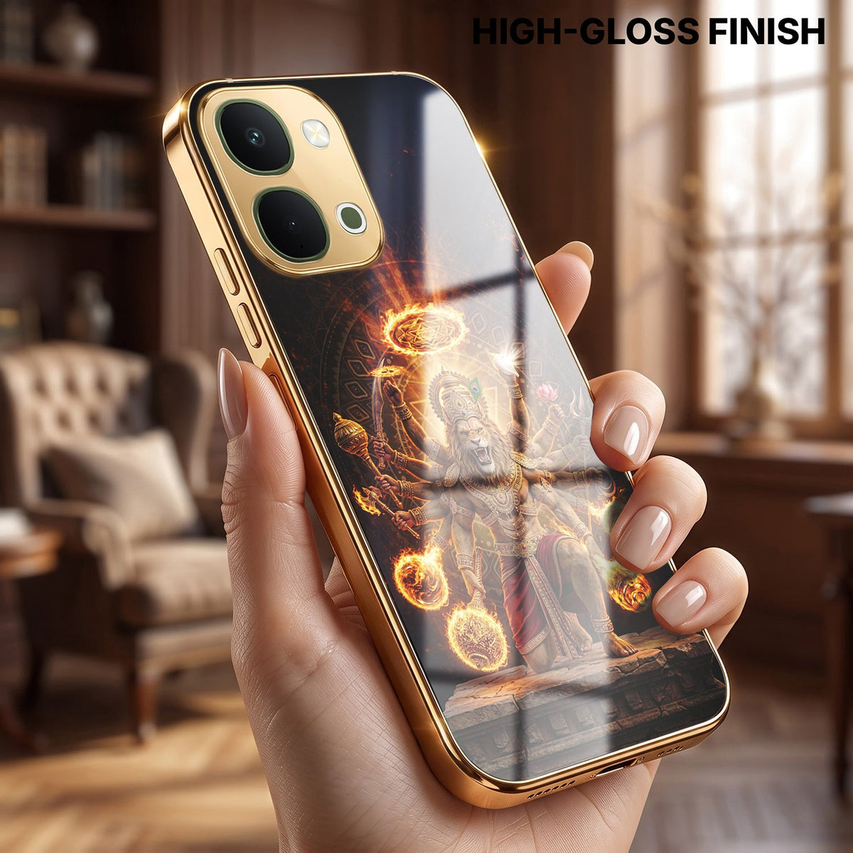 Vivo T5x 5G Lord Narasimha Gold Electroplated Glass Phone Back Case