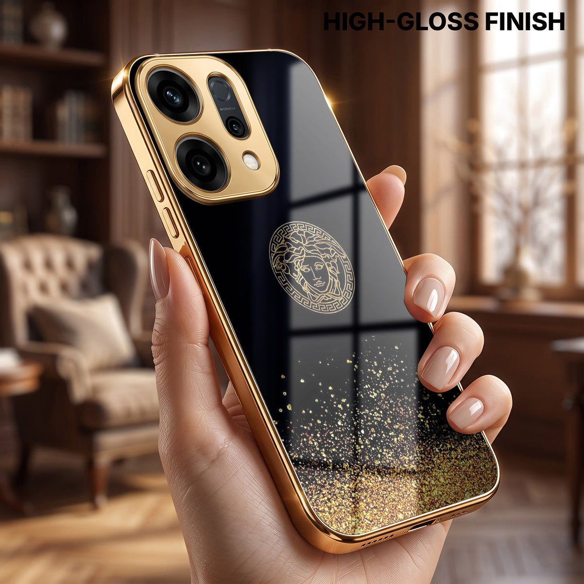 Oppo Reno 14 5G Medusa Head Gold Electroplated Glass Phone Back Case
