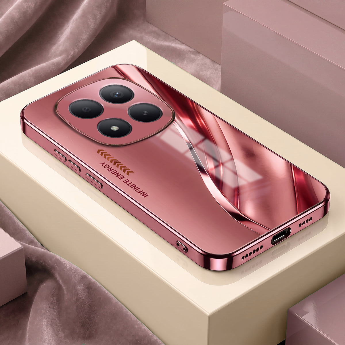 Redmi Note 15 Pro+ 5G Luxury Infinity Energy Pink Electroplated Glass Phone Back Case