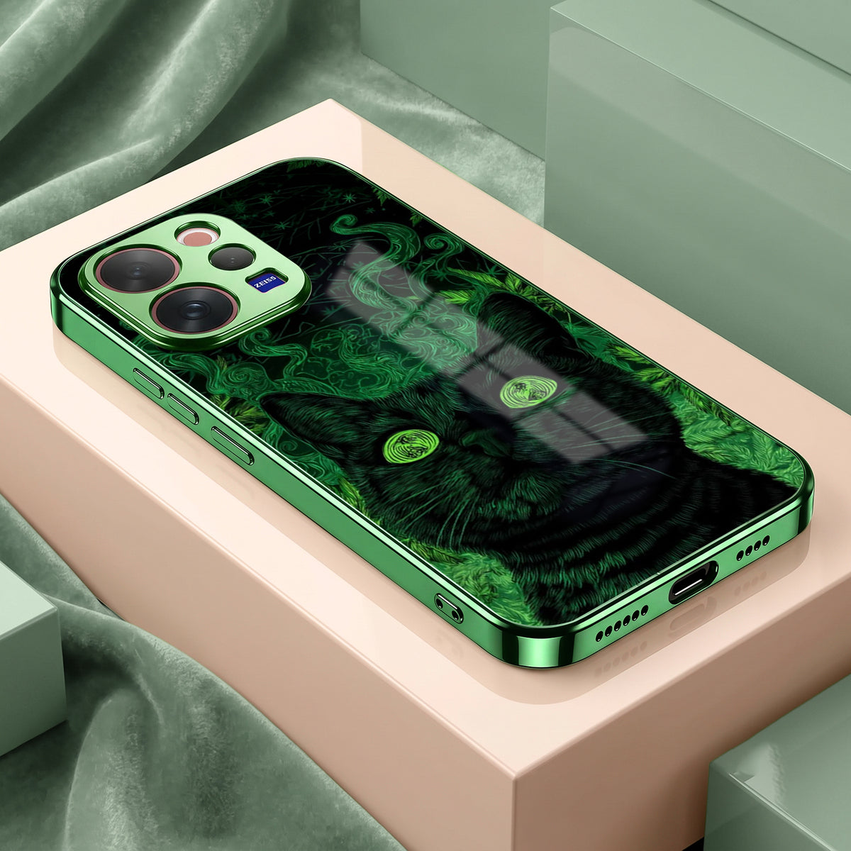 Vivo V70 5G Fantasy Cat Green Electroplated Glass Back Case
