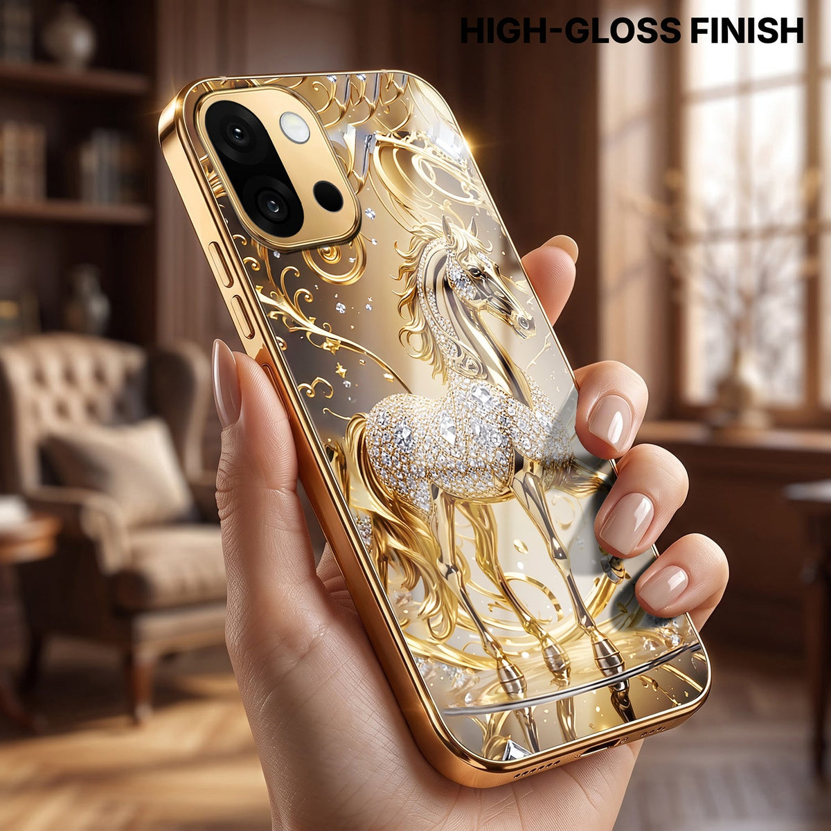 OnePlus 13s 5G Luxury Horse Texture Gold Electroplated Glass Phone Back Case