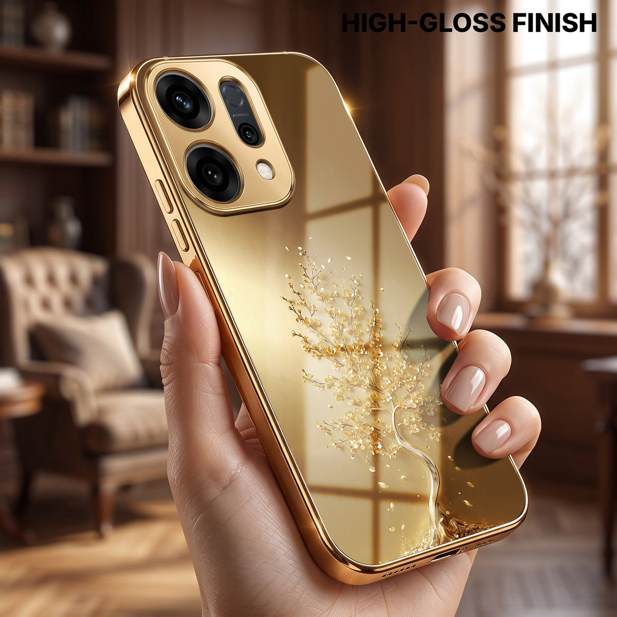 Oppo Reno 14 5G Golden Tree Gold Electroplated Glass Phone Back Case
