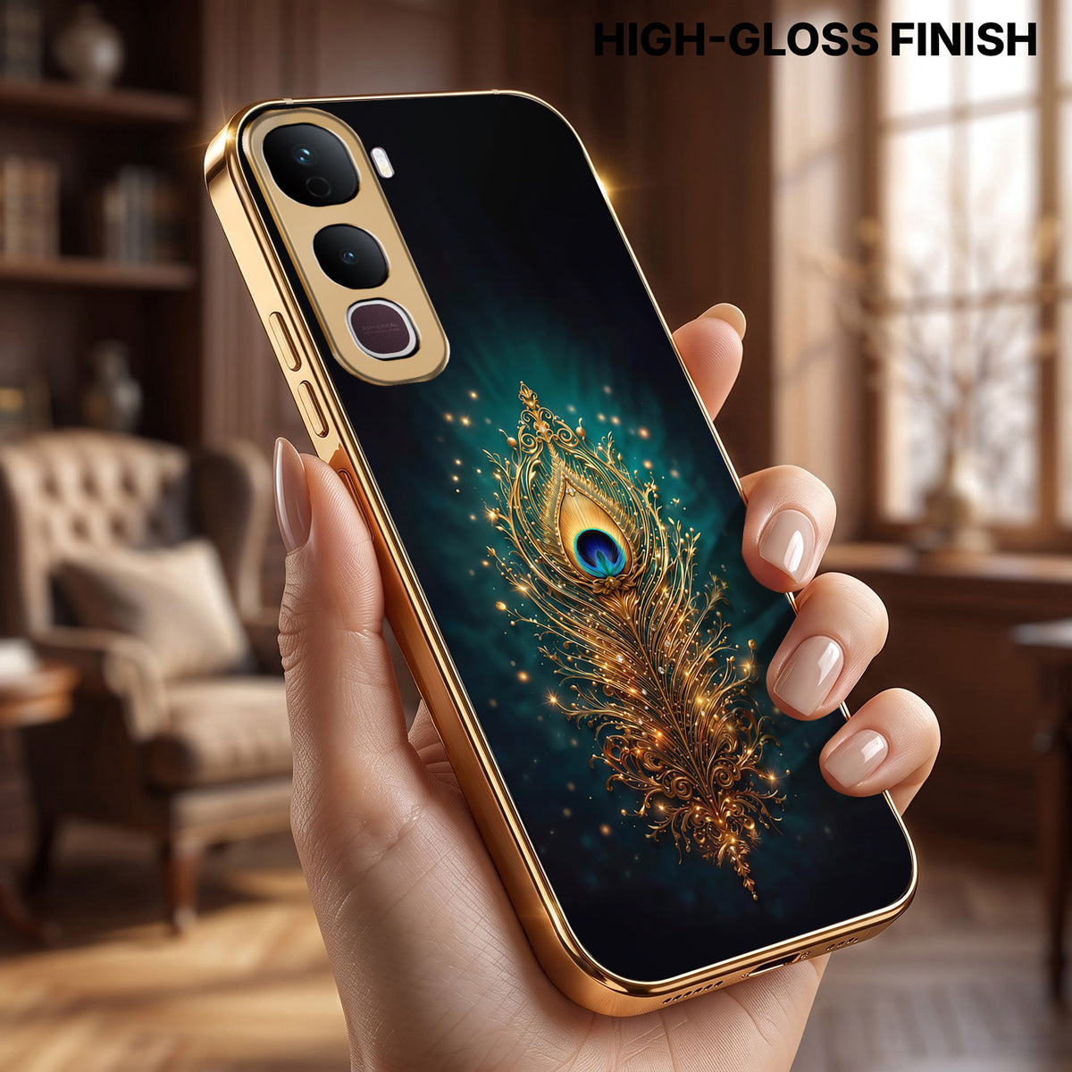 Vivo Y400 Pro 5G Golden Peacock Feather Gold Electroplated Glass Phone Back Case