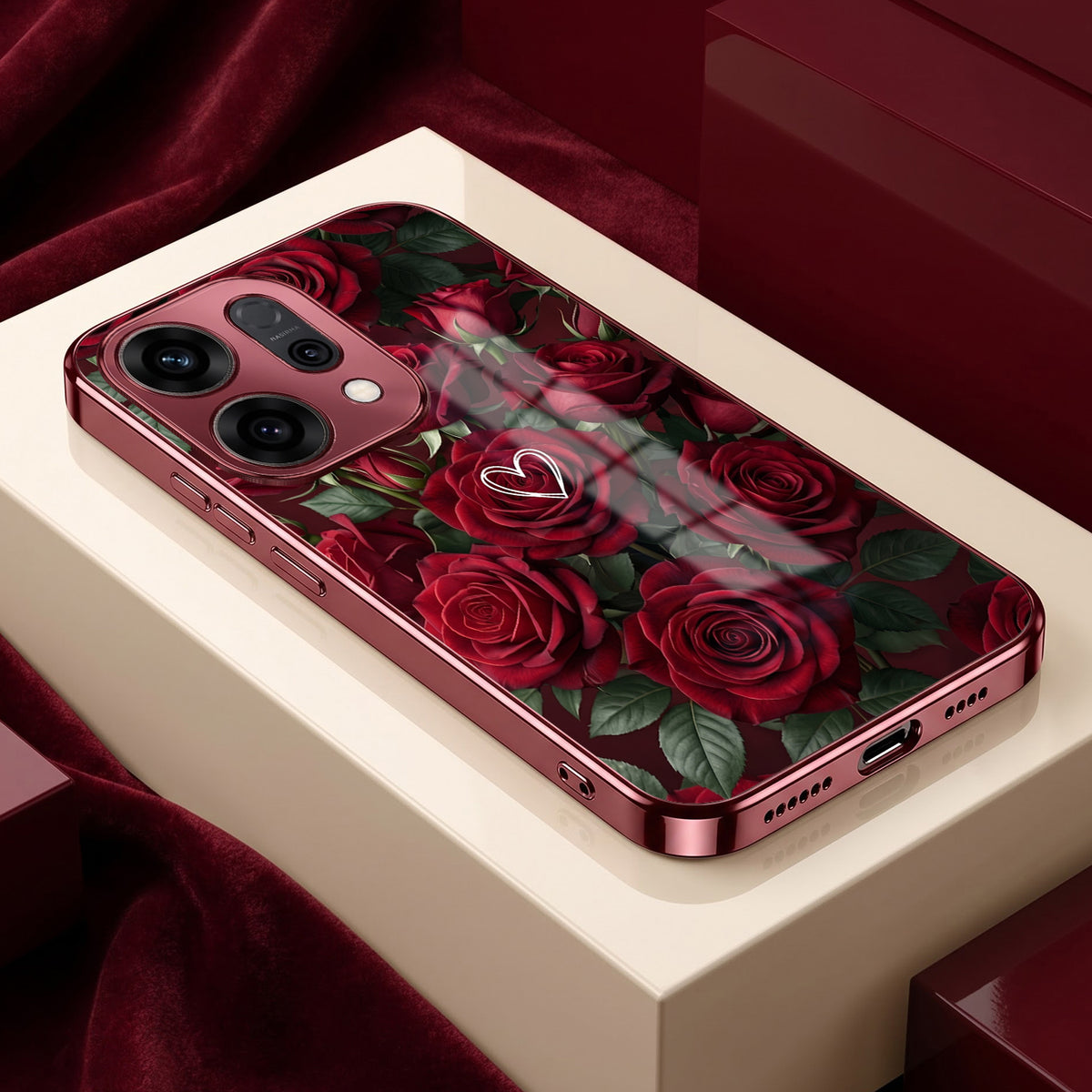 Oppo Reno 14 5G Rose Heart Burgundy Electroplated Glass Back Case