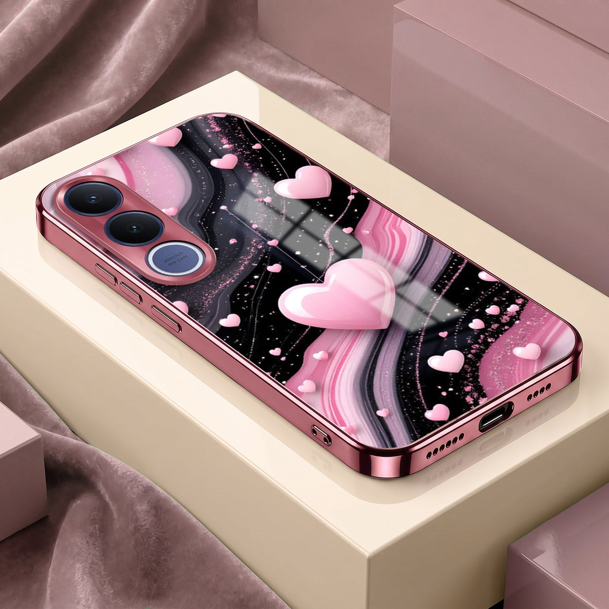 Vivo V70 FE 5G Love Sparkle Pink Electroplated Glass Phone Back Case