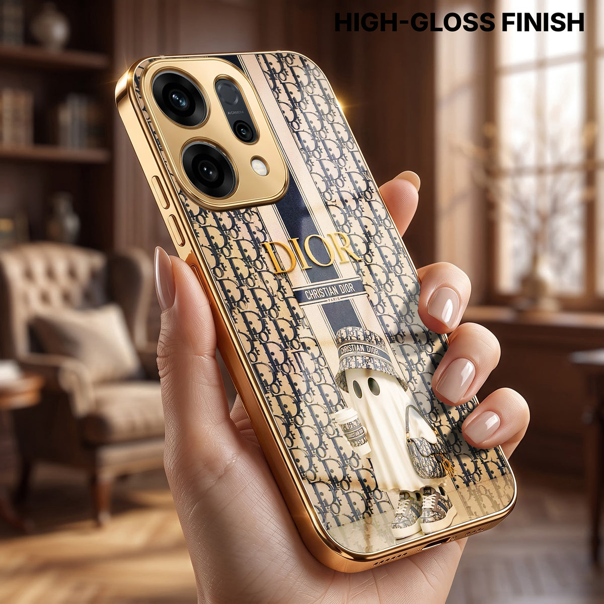 Oppo Reno 14 5G Luxury Dior Gold Electroplated Glass Phone Back Case