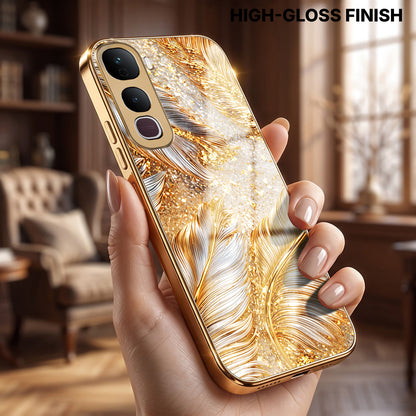 Vivo Y400 Pro 5G Golden Feather Marble Gold Electroplated Glass Phone Back Case