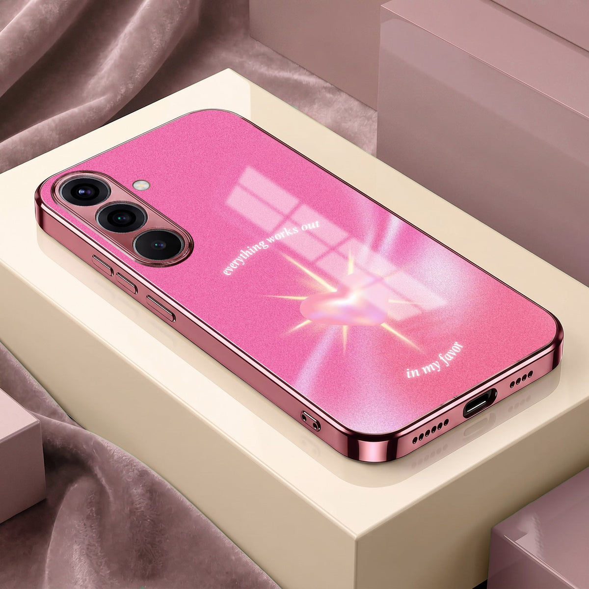 Samsung Galaxy A56 5G Luxury Glowing Heart Pink Electroplated Glass Phone Back Case