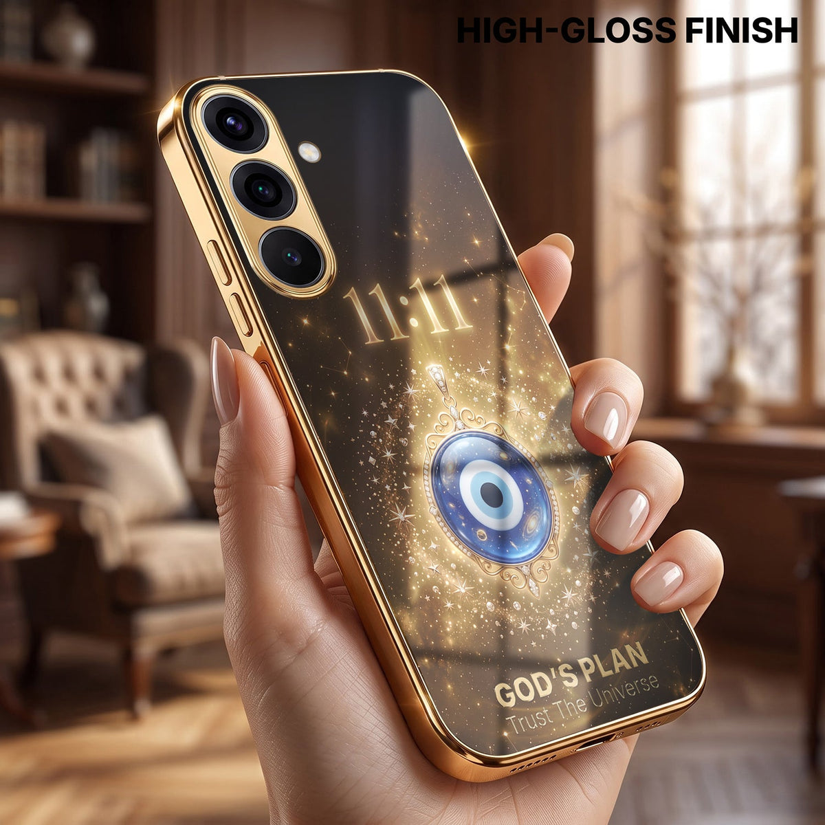 Samsung Galaxy A56 5G God’s Plan Evil Eye Gold Electroplated Glass Phone Back Case