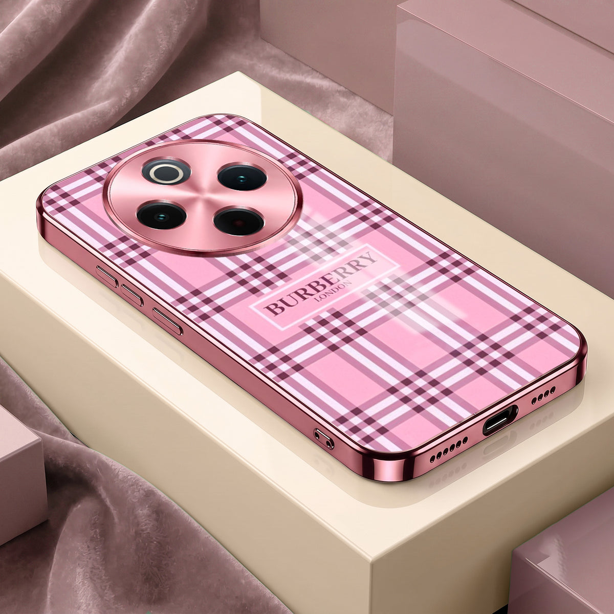 Vivo T4 5G Burberry Classic Pink Electroplated Glass Phone Back Case