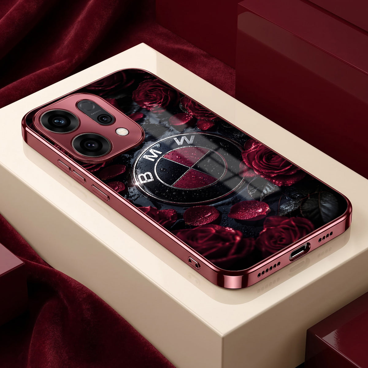 Oppo Reno 14 5G BMW Logo Burgundy Electroplated Glass Back Case