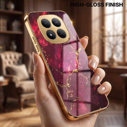 Redmi Note 15 Pro Plus 5G Luxury Crimson Marble Gold Electroplated Glass Phone Back Case