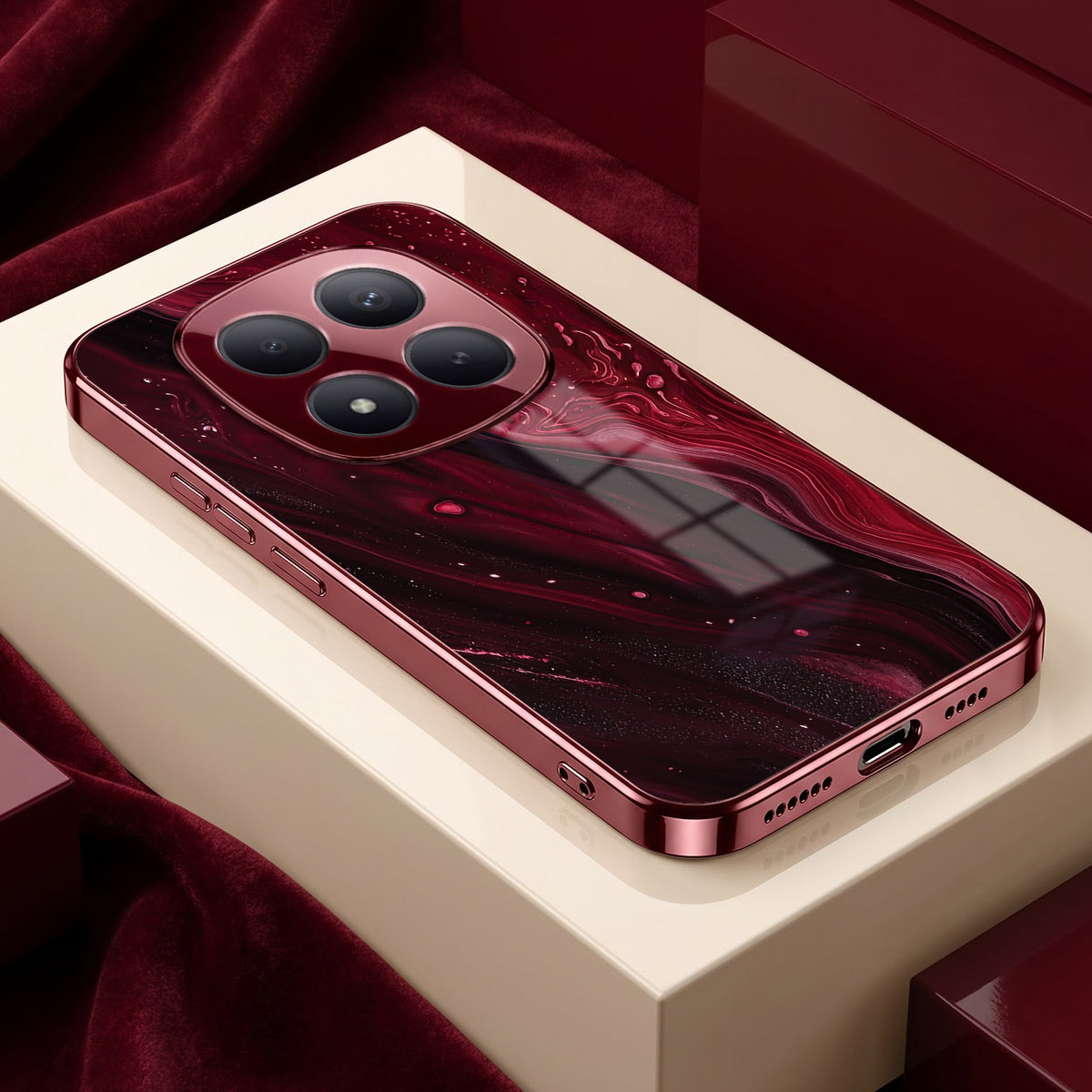 Redmi Note 15 Pro Plus 5G Marble Burgundy Electroplated Glass Back Case