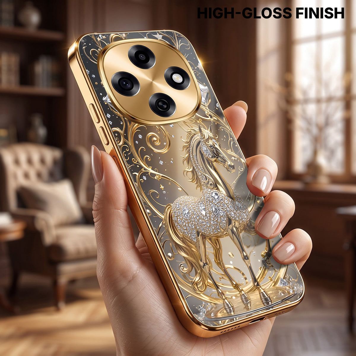 OPPO F31 Pro 5G Luxury Horse Texture Gold Electroplated Glass Phone Back Case