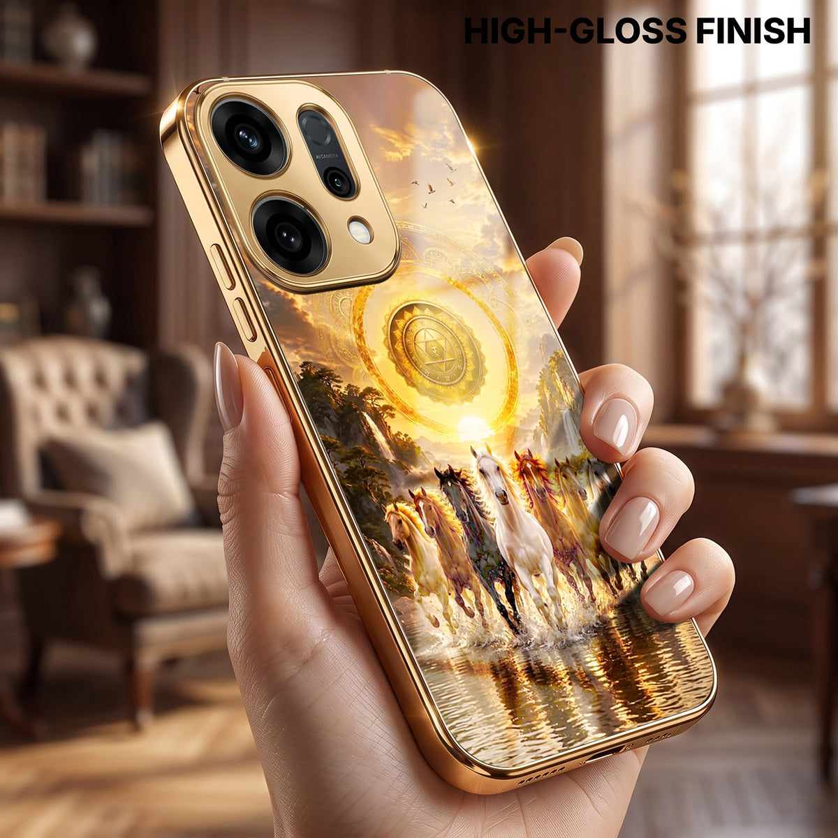 Oppo Reno 14 5G Celestial Seven Horses Gold Electroplated Glass Phone Back Case