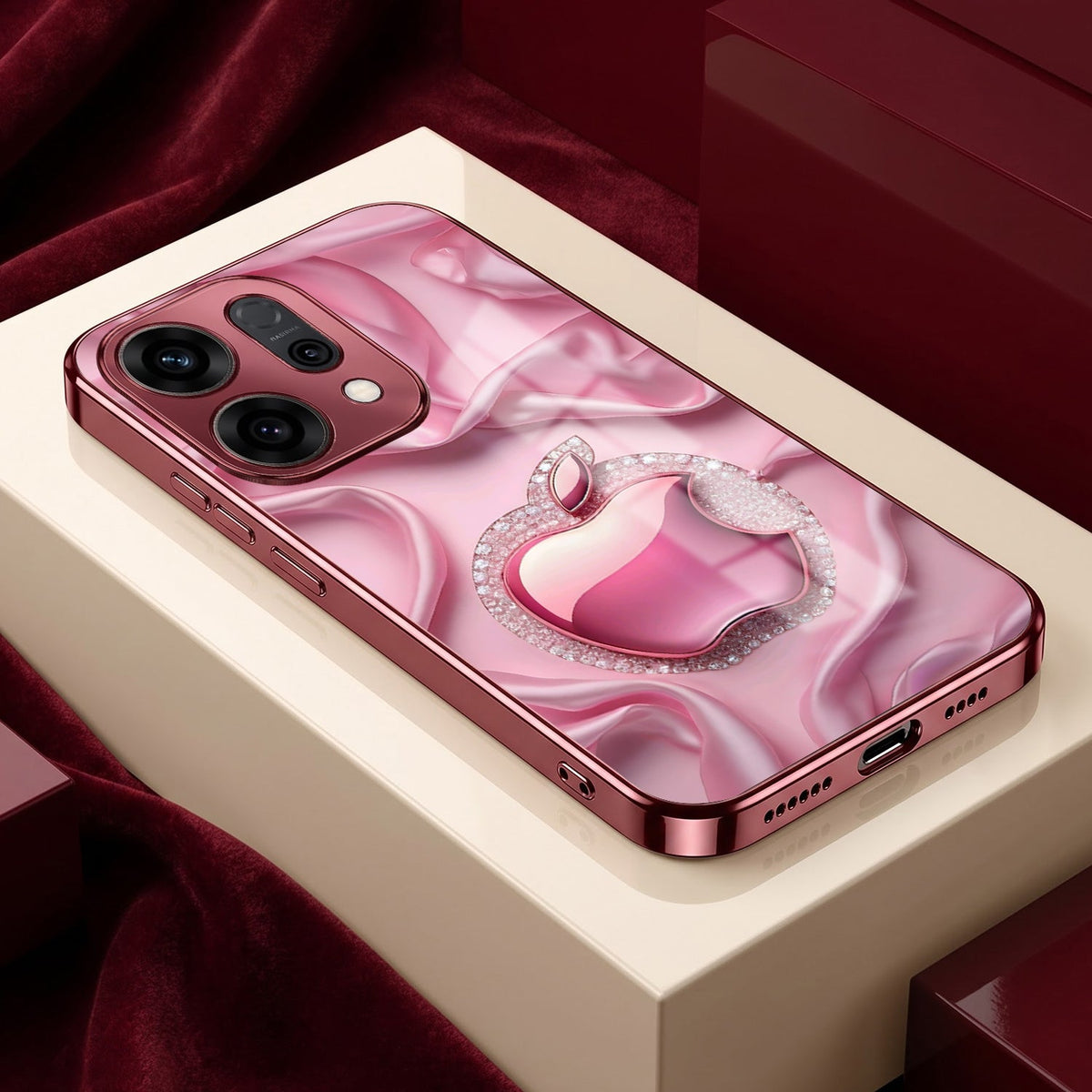 Oppo Reno 14 5G Luxury Apple Logo Pink Electroplated Glass Phone Back Case