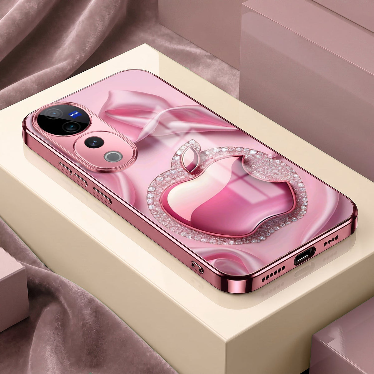 Vivo V40 Pro 5G Luxury Apple Logo Pink Electroplated Glass Phone Back Case