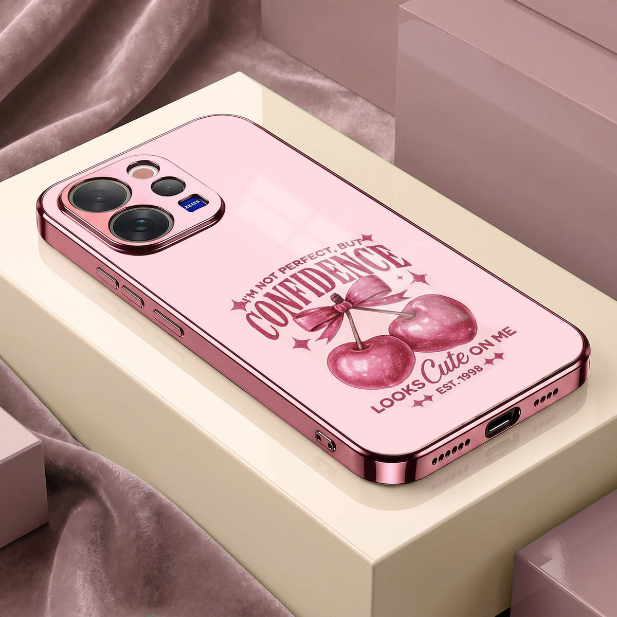 Vivo V70 5G Luxury Cherry Bow Pink Electroplated Glass Phone Back Case