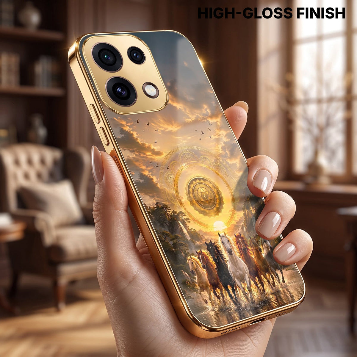 Oppo Reno 16C 5G Celestial Seven Horses Gold Electroplated Glass Phone Back Case