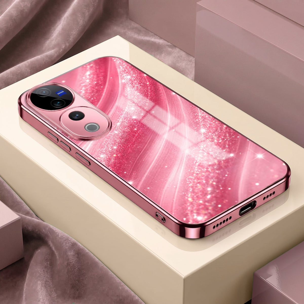 Vivo V40 Pro 5G Luxury Glitter Wave Pink Electroplated Glass Phone Back Case