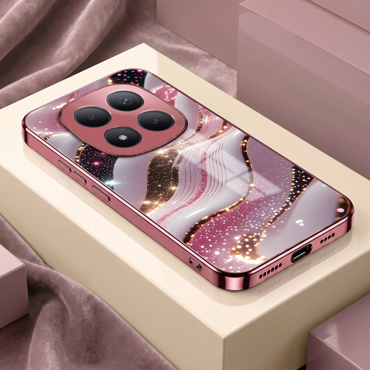 Redmi Note 15 Pro+ 5G Midnight Pearl Wave Pink Electroplated Glass Phone Back Case