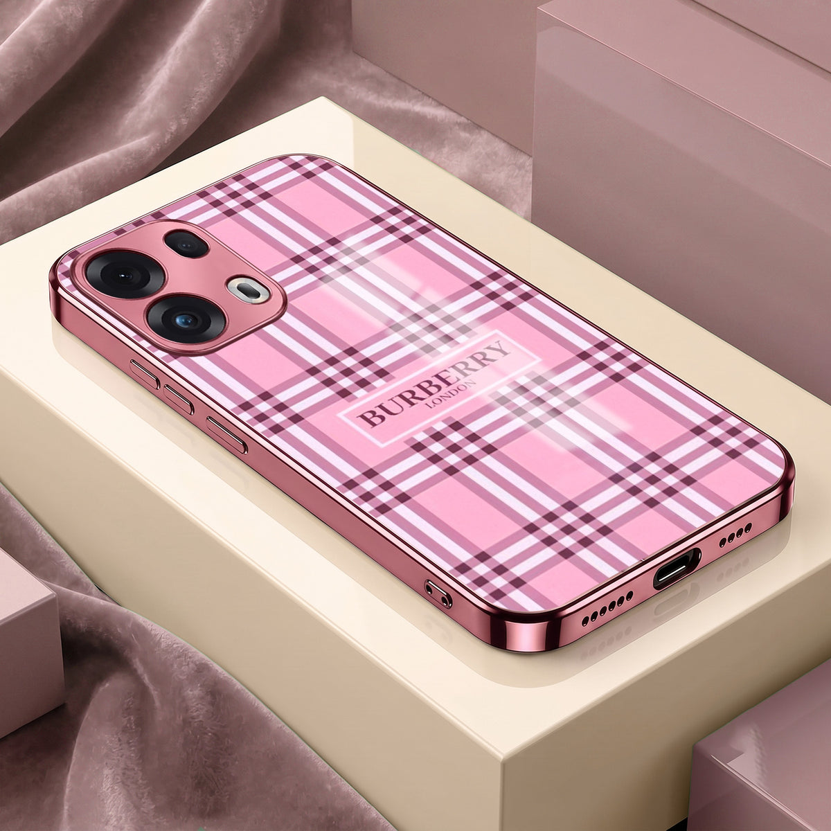 Oppo Reno 13 Pro 5G Burberry Classic Pink Electroplated Glass Phone Back Case