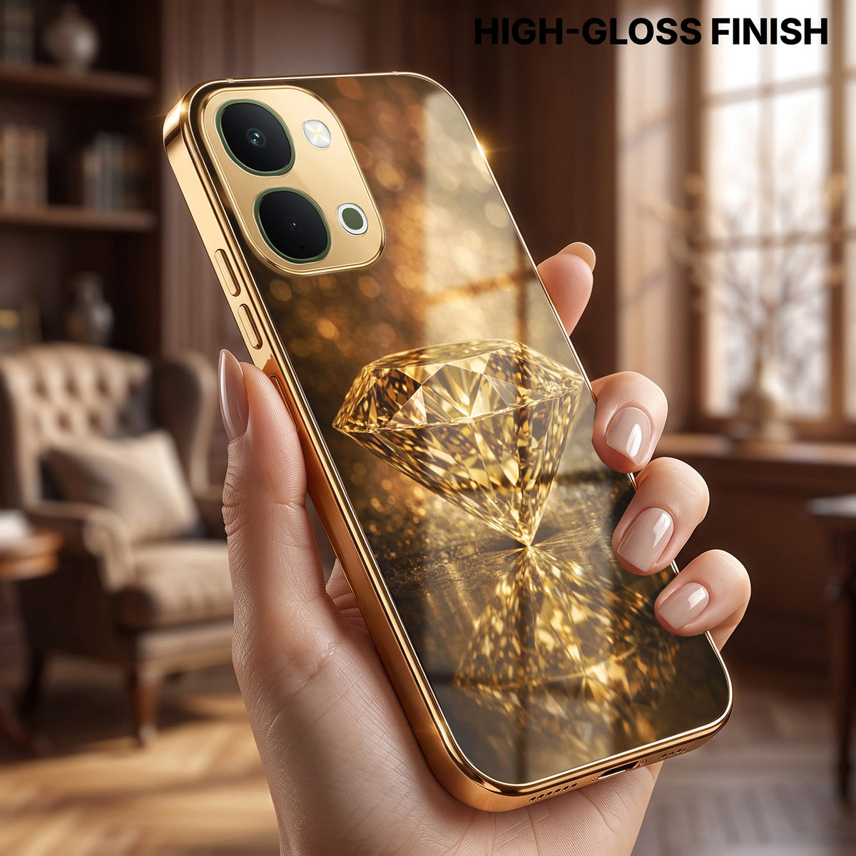 Vivo T5x 5G Golden Diamond Gold Electroplated Glass Phone Back Case